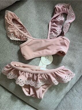 Rylee + Cru Girls Light Pink Eyelet Ruffle Bikini